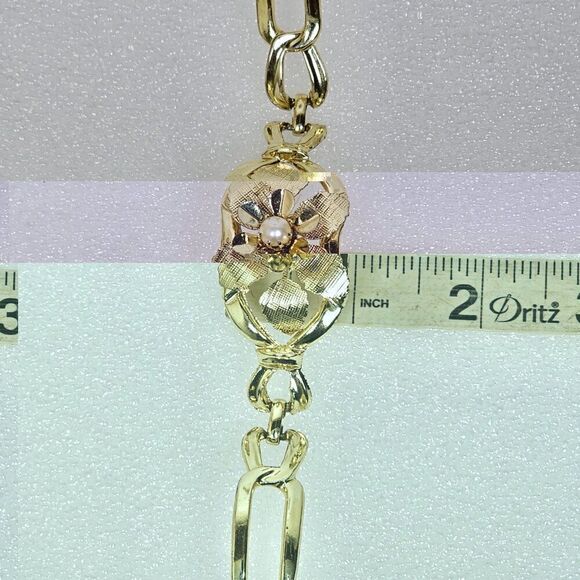Vintage Faux Pearl Pansy Flower Floral Gold Tone Textured Link Bracelet Size 7 - Picture 5 of 12